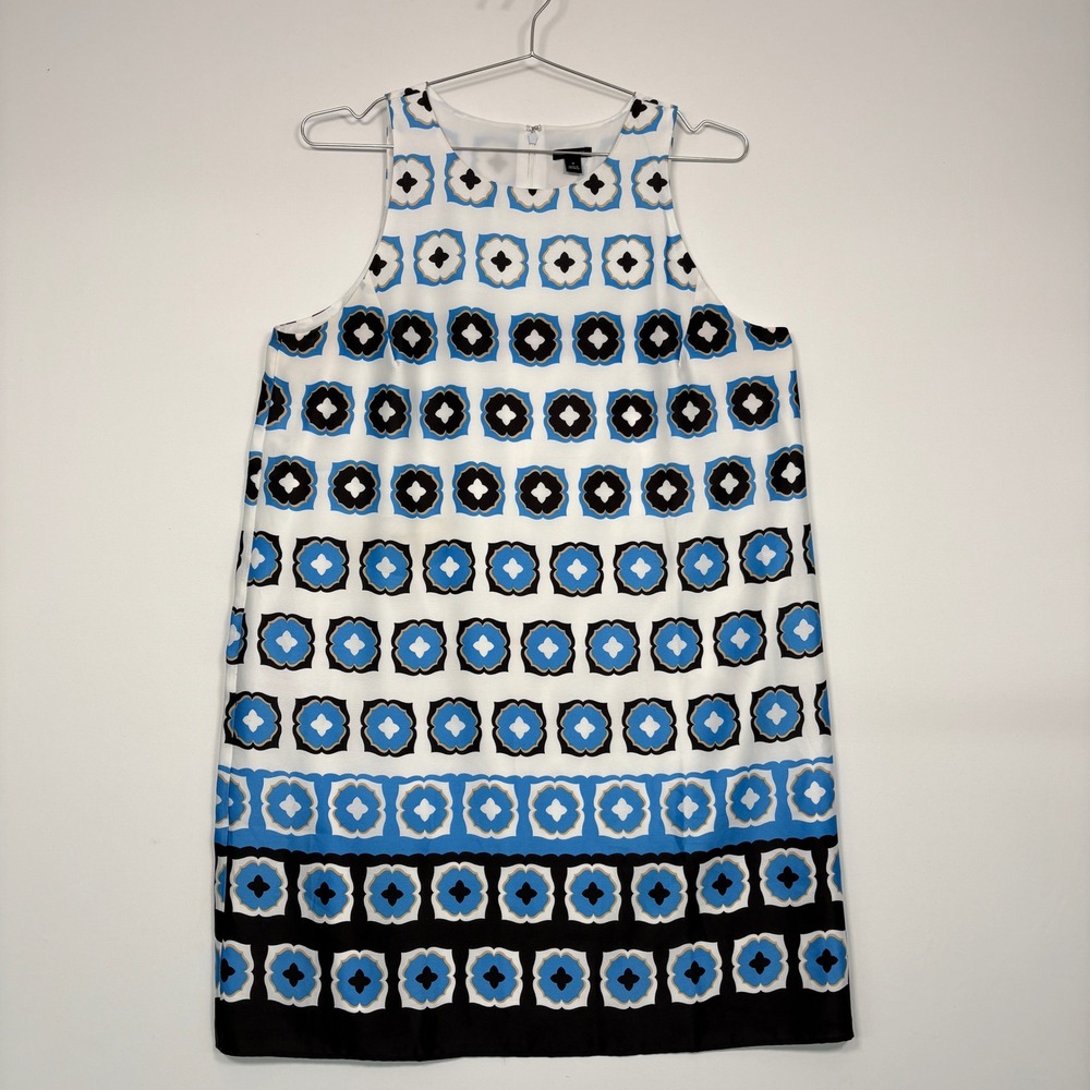Ann Taylor Women Dress 12 Blue White Black Geometric Sleeveless Shift Lined Mod